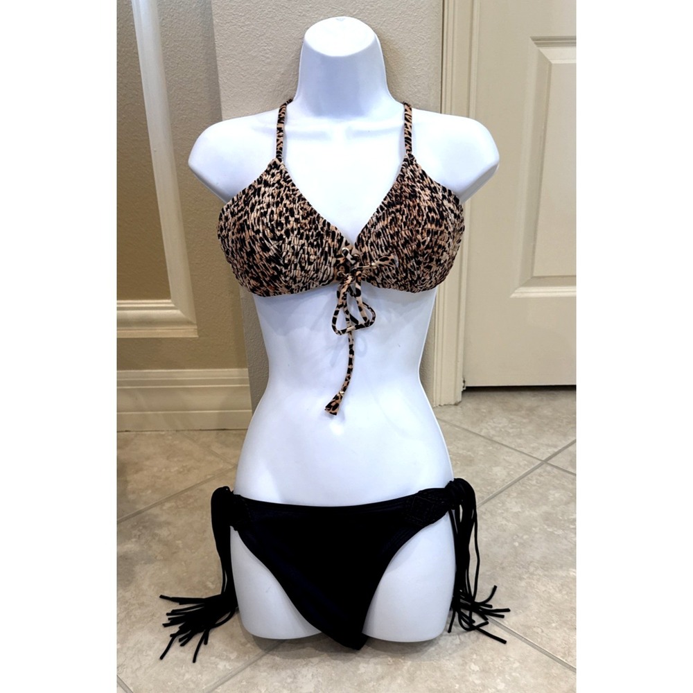 Victoria's Secret Swimsuit Bikini Set Leopard Print Top Black Fringe Bottom XL
